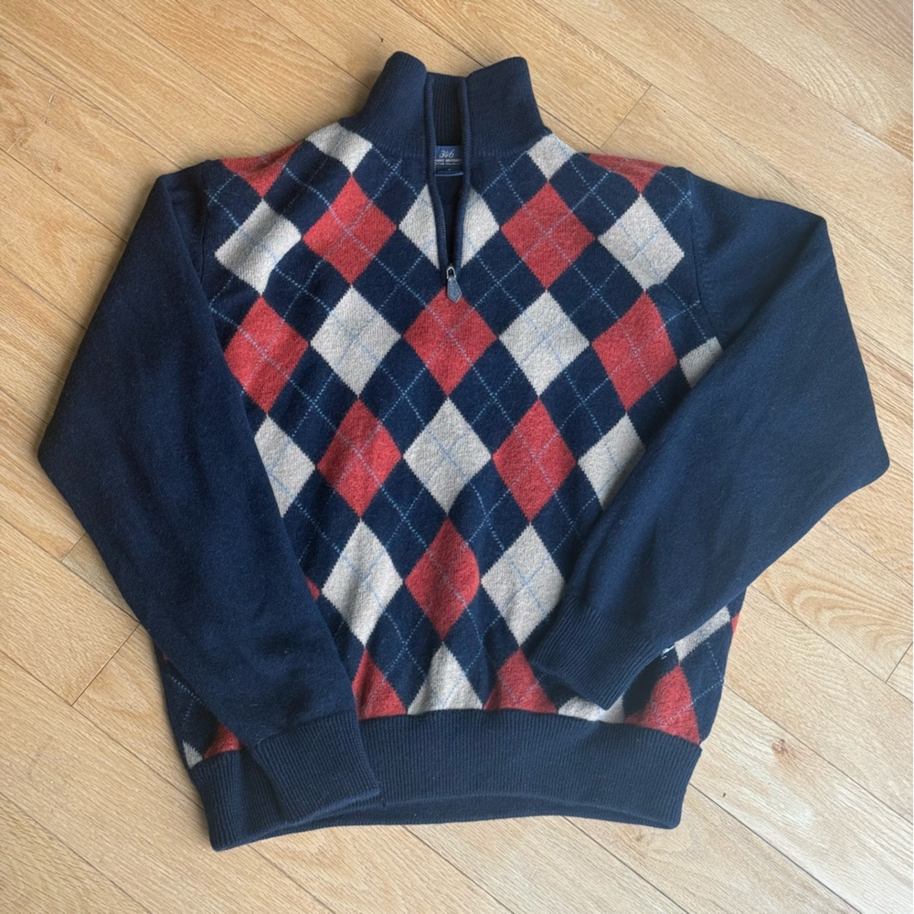 Brooks Brothers Navy and Red Argyle Zip Up Sweater